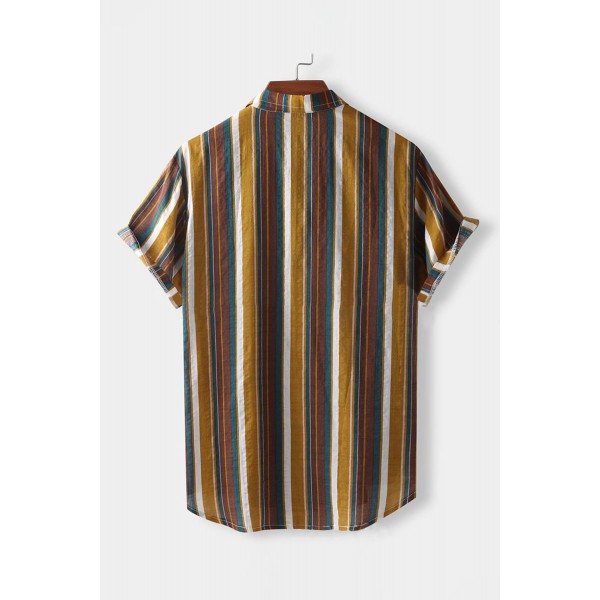 Yellow Striped Print Men Short Sleeve Shirt 