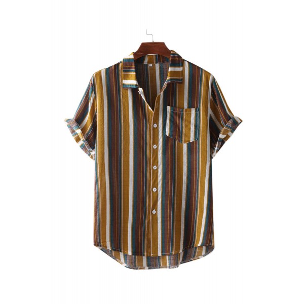 Yellow Striped Print Men Short Sleeve Shirt 