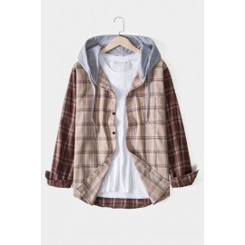 Khaki Men Plaid Print Contrast Sleeve Hooded Shirt