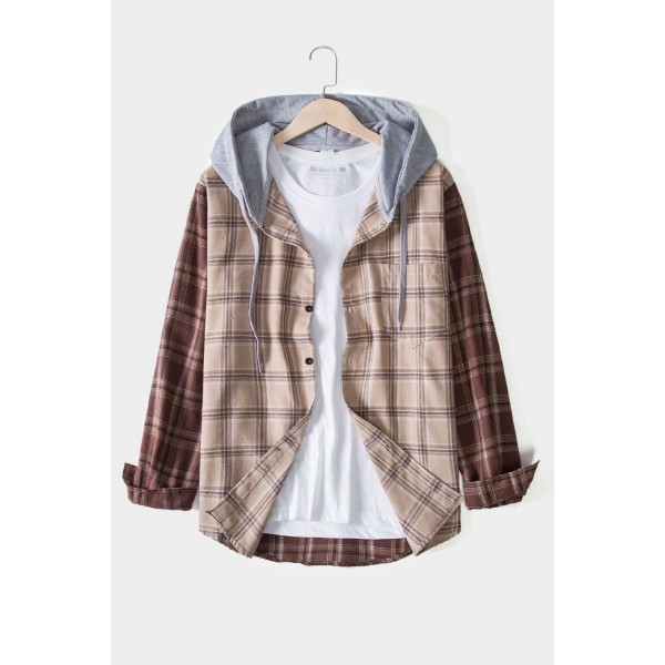 Khaki Men Plaid Print Contrast Sleeve Hooded Shirt 