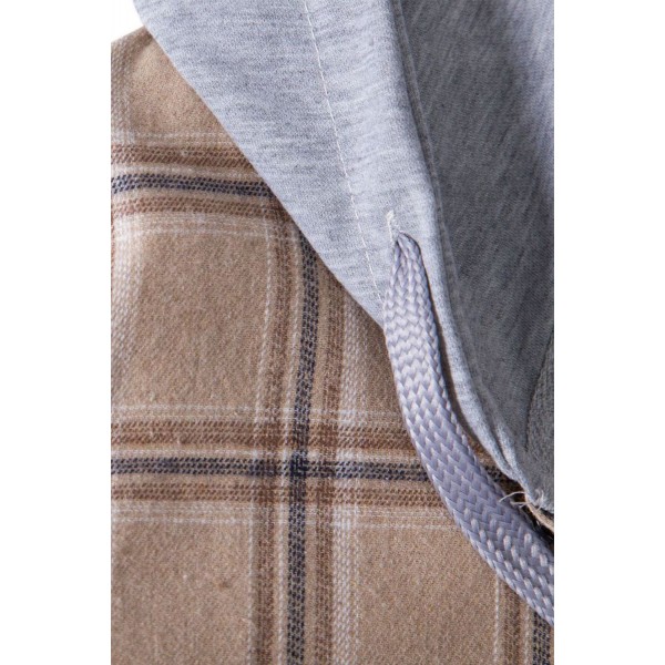 Khaki Men Plaid Print Contrast Sleeve Hooded Shirt 