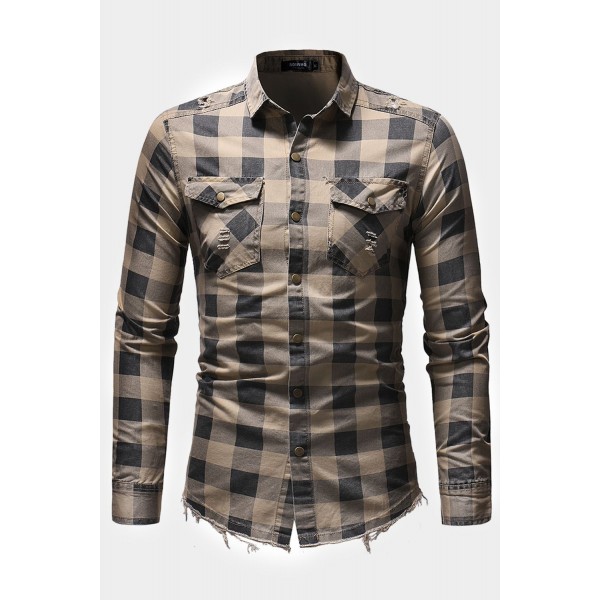 Khaki Men Raw Hem Plaid Pocket Shirt 