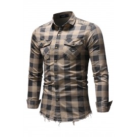 Khaki Men Raw Hem Plaid Pocket Shirt