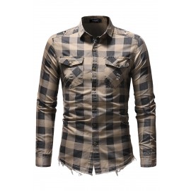 Khaki Men Raw Hem Plaid Pocket Shirt