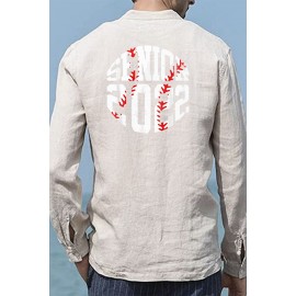 Beige Men's Baseball Letter Graphic Print Buttoned Long Sleeve Shirt