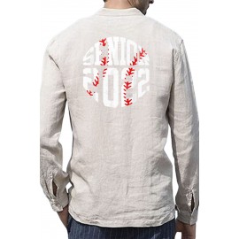 Beige Men's Baseball Letter Graphic Print Buttoned Long Sleeve Shirt